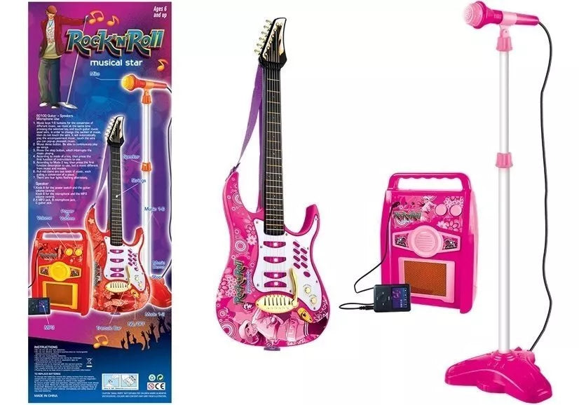 Rožinė elektrinė gitara su mikrofonu ir stiprintuvu – mažajai žvaigždei